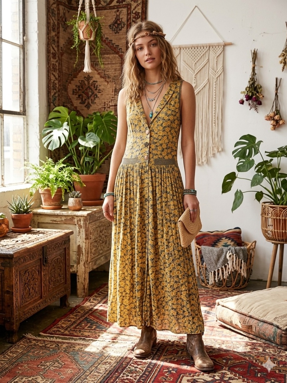 Yellow Floral Maxi Dress with Button-Front Detail